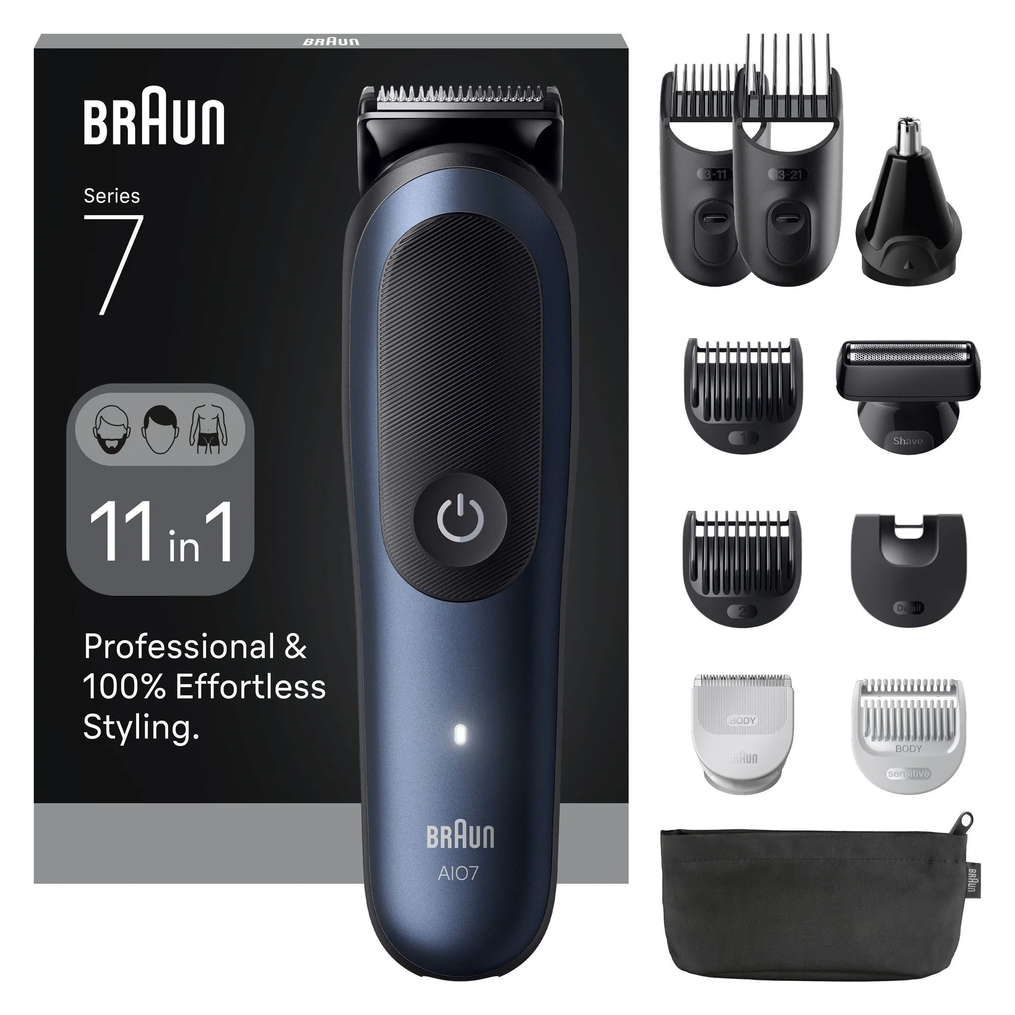 Braun Haarschneider All-in-One Series 7, 11-in-1 Groomingset, SkinGuard-Technologie, 120 Min Akku