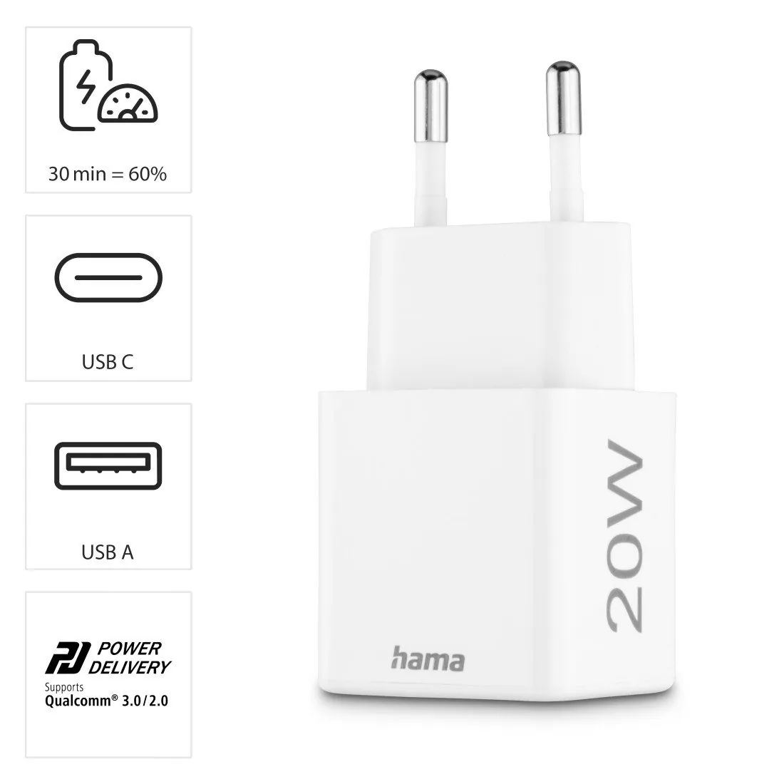 Hama USB-Ladegerät, 20 Watt, 1x USB-C, 1x USB-A, kompakt und leistungsstark 5