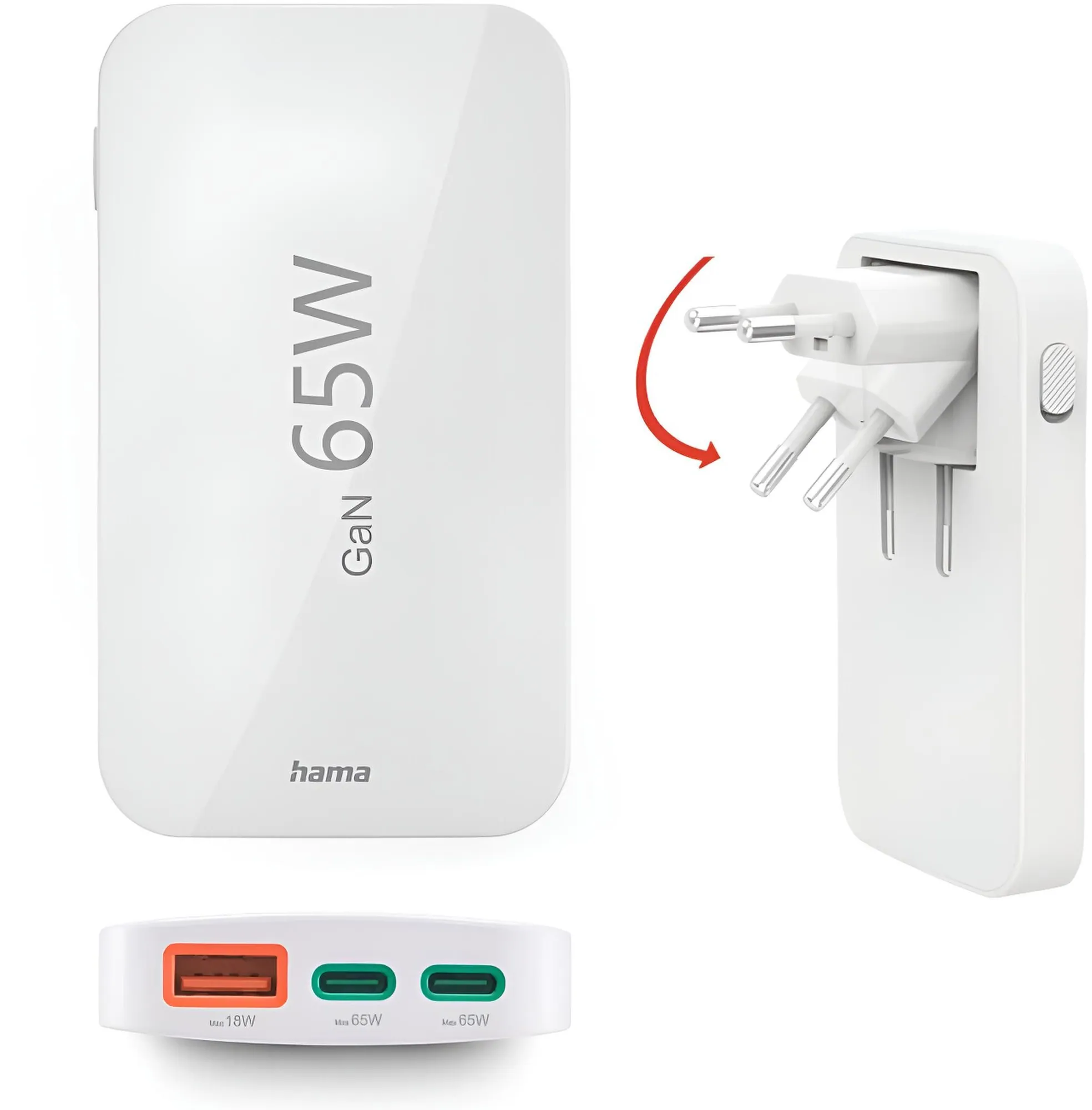 Hama Schnellladegerät, 65W, 2x USB-C, 1x USB-A, flach, PD/QC