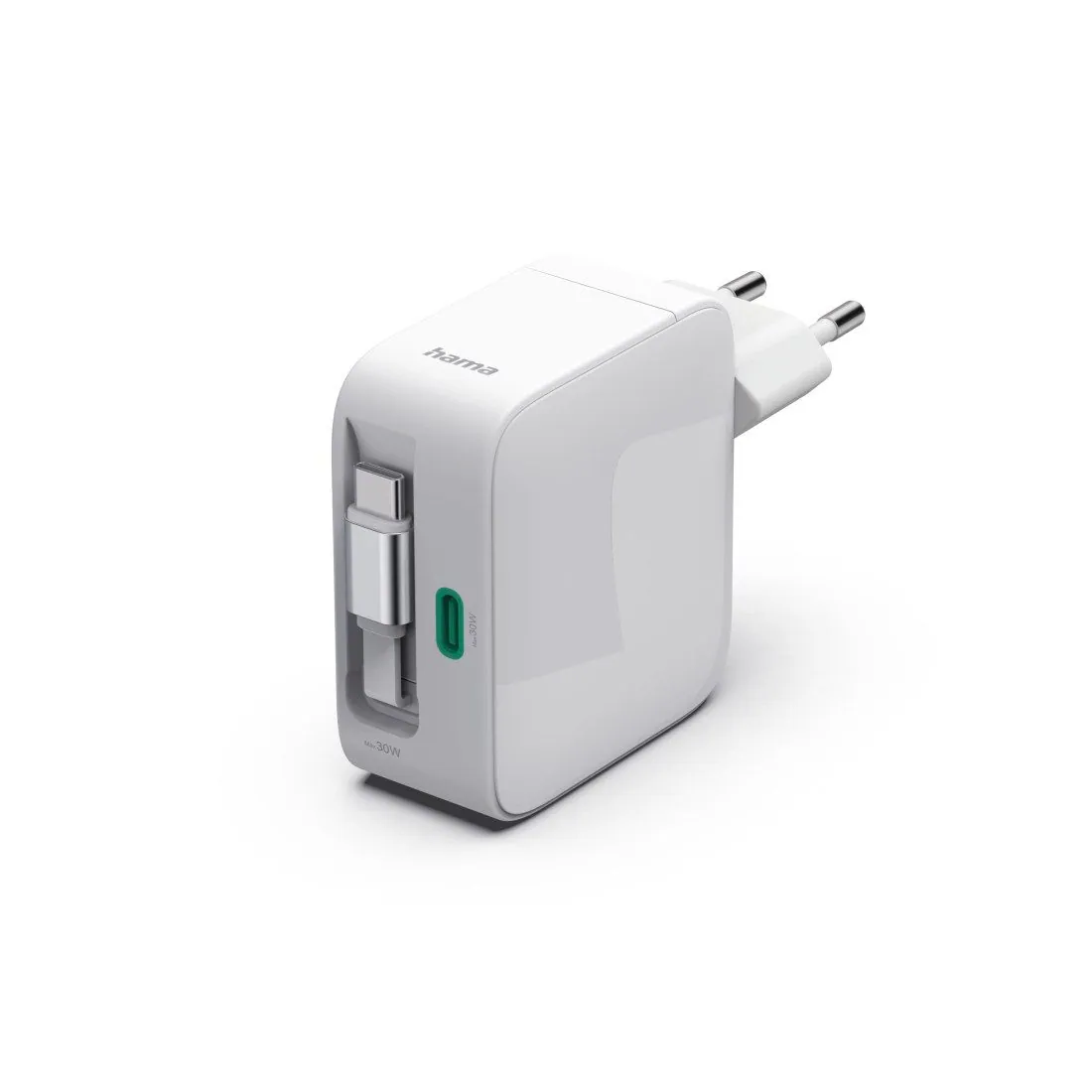 Hama Schnellladegerät, 30 W, 2x USB-C, integriertes Kabel — kompakt, leistungsstark, sicher