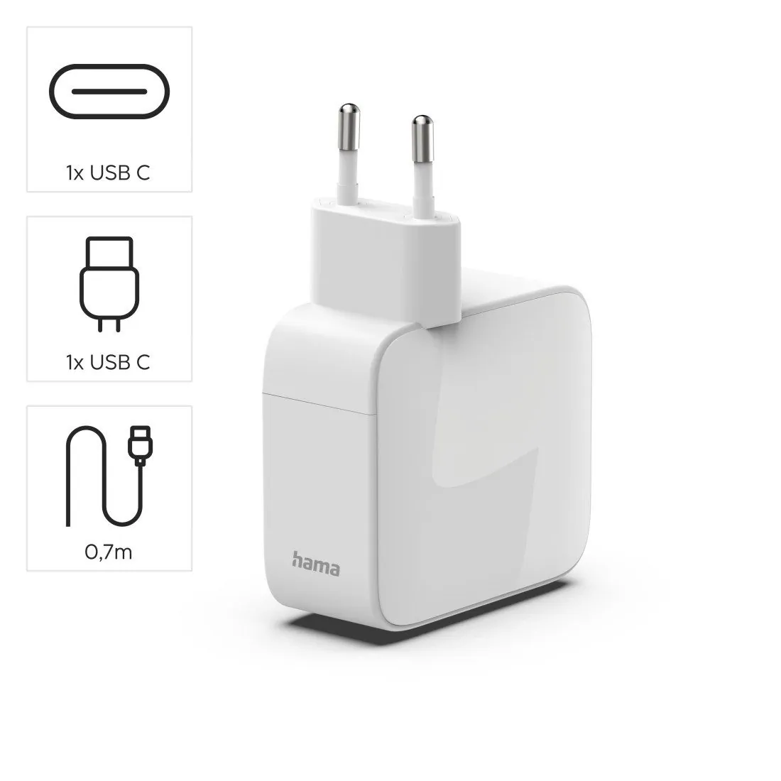 Hama Schnellladegerät, 65 W, 2x USB-C, integriertes Kabel — hohe Ladeleistung, kompakt, GaN-Technologie 3
