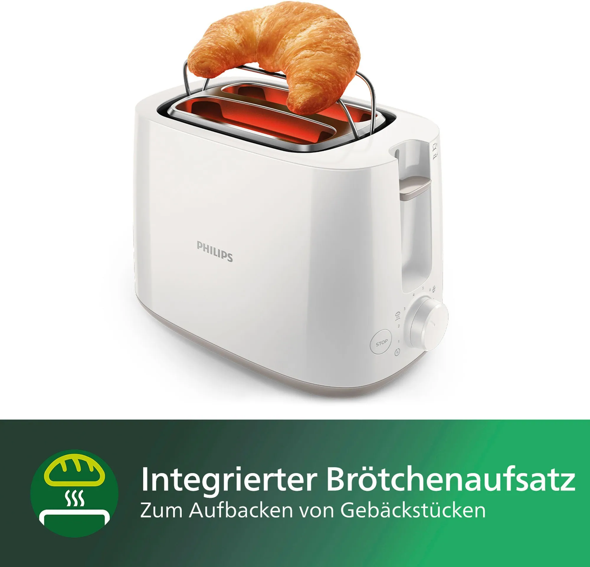 Philips Toaster HD2581/00, 2 Schlitze, 830 W, integrierter Brötchenaufsatz 4