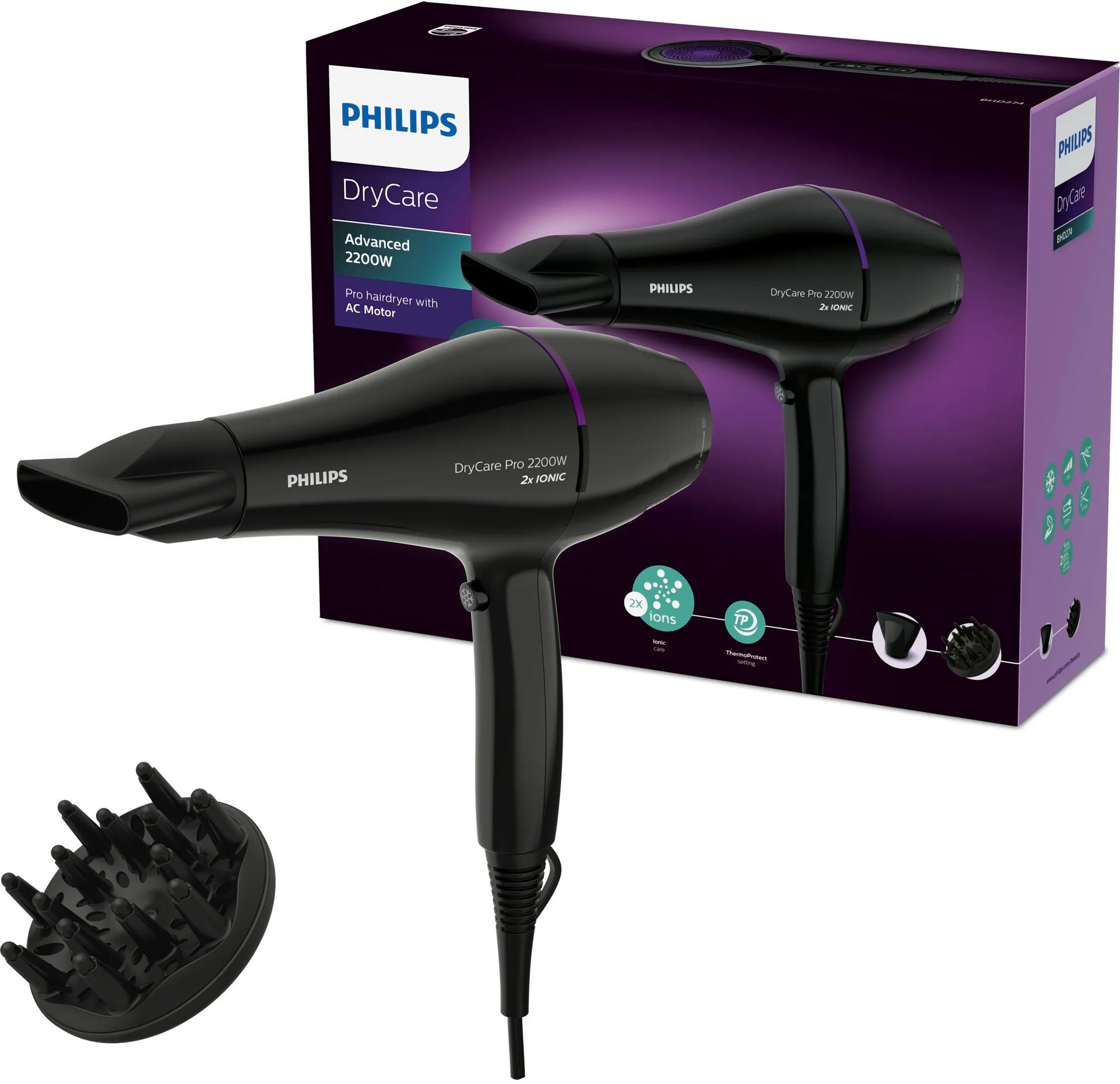 Philips Haartrockner DryCare BHD274/00, 2200 W, leistungsstarker AC-Motor, ThermoProtect-Technologie