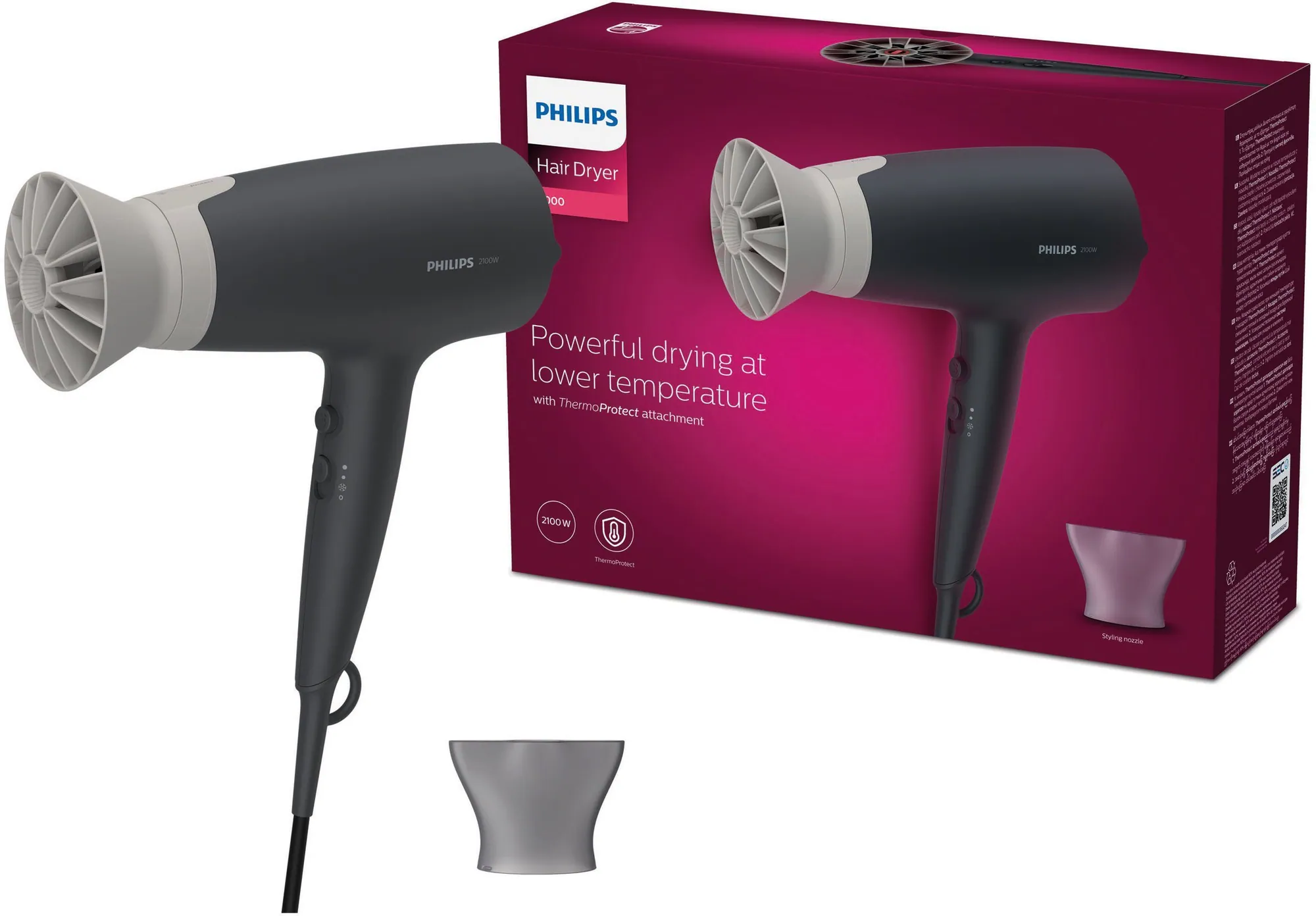 Philips Haartrockner Essential Series 3000, 2100 W, ThermoProtect Aufsatz, 6 Stufen