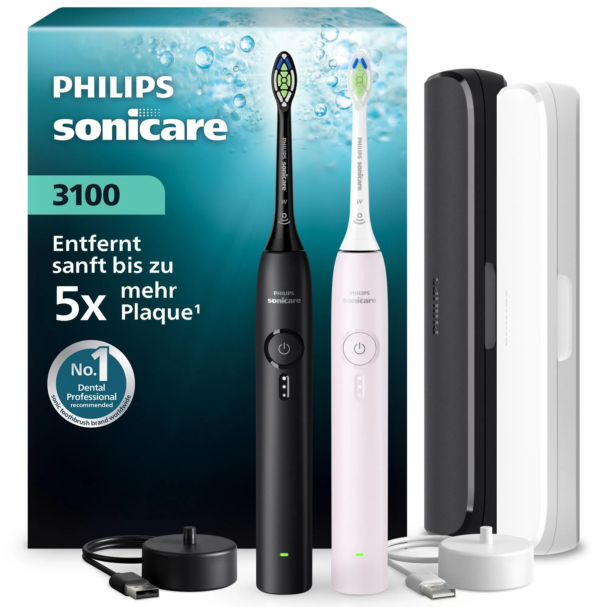 Philips Sonicare 3100 Elektrische Zahnbürste, 3 Intensitätsstufen, Drucksensor, Reiseetui — schonende Mundpflege