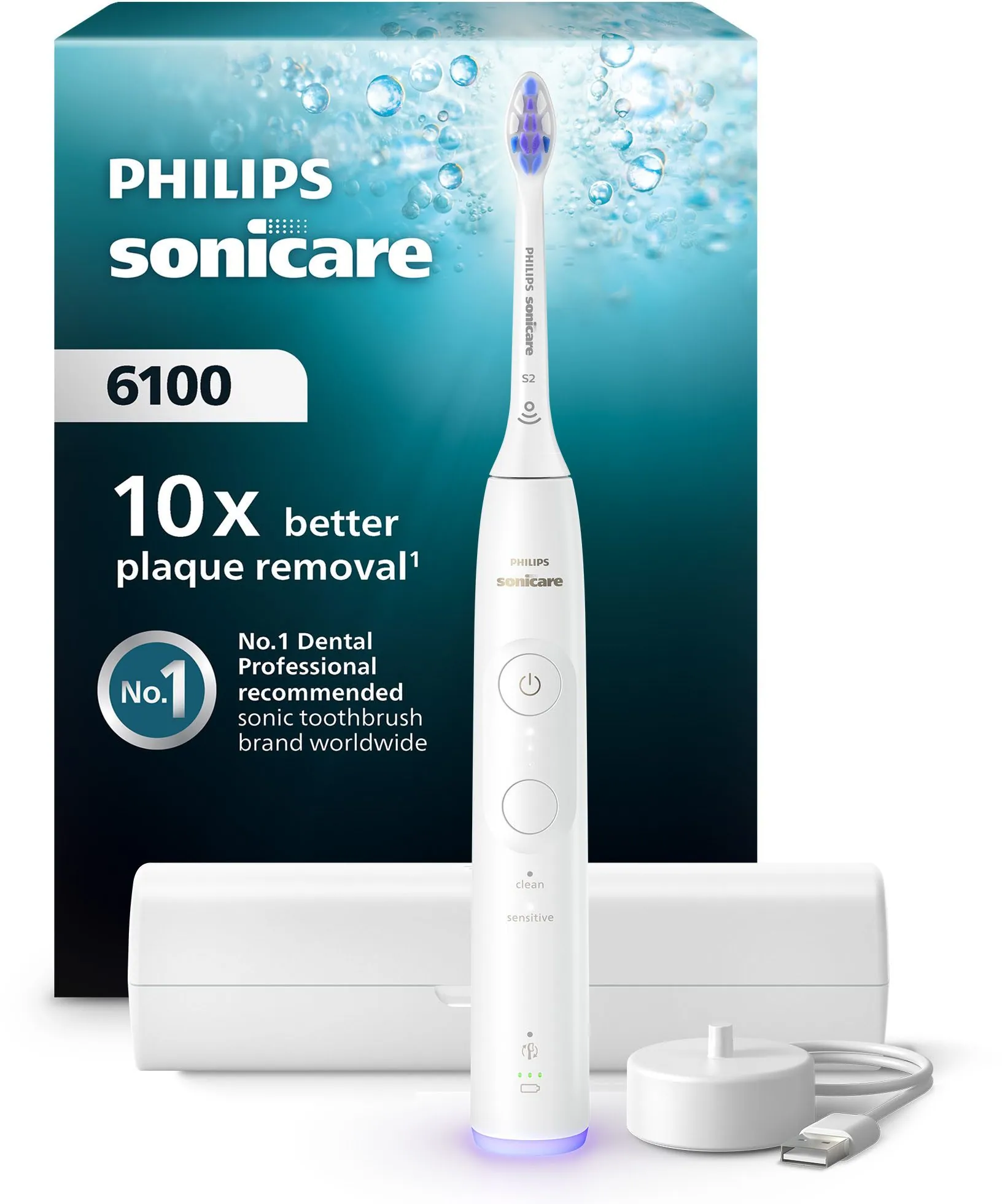 Philips Sonicare Series 6100 Elektrische Zahnbürste, sanfte Reinigung, Andruckkontrolle, 3 Intensitätsstufen