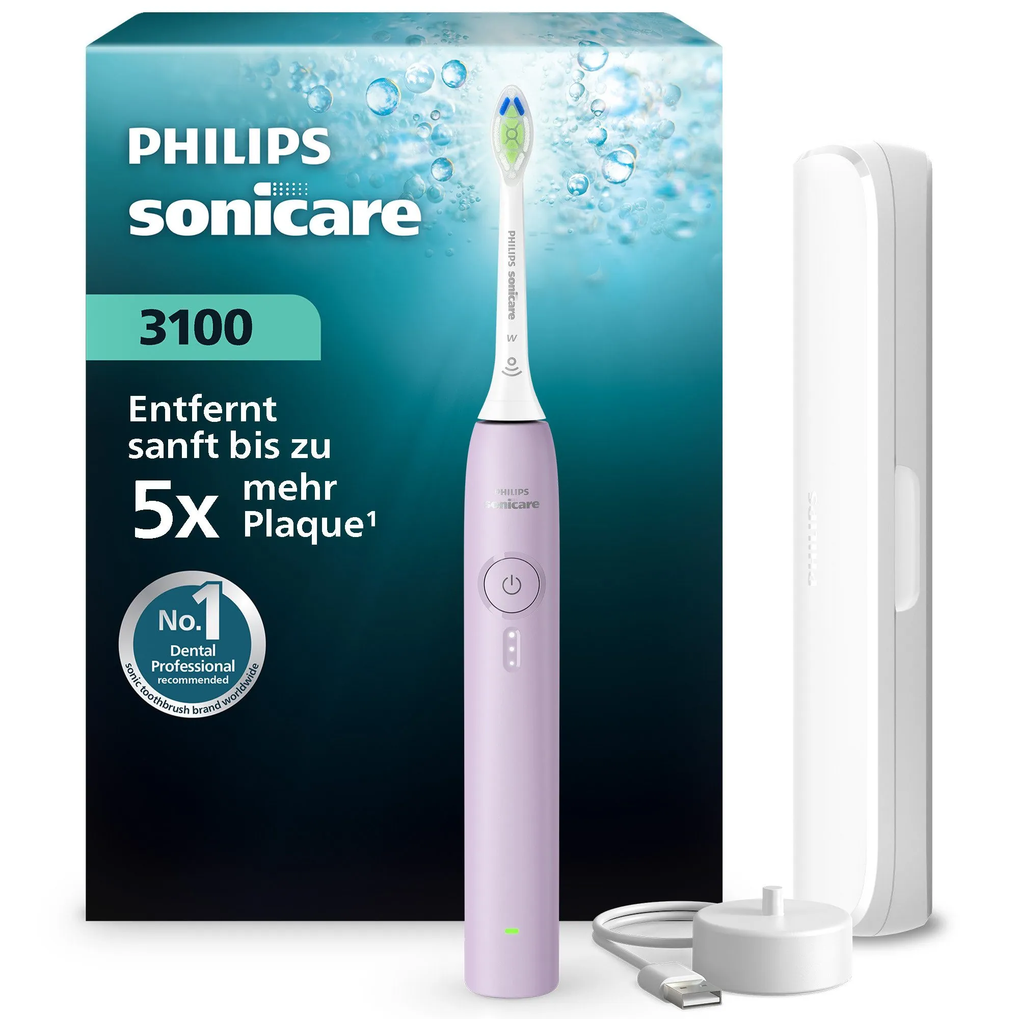 Philips Sonicare 3100 Elektrische Zahnbürste, 3 Intensitätsstufen, Drucksensor, Reiseetui