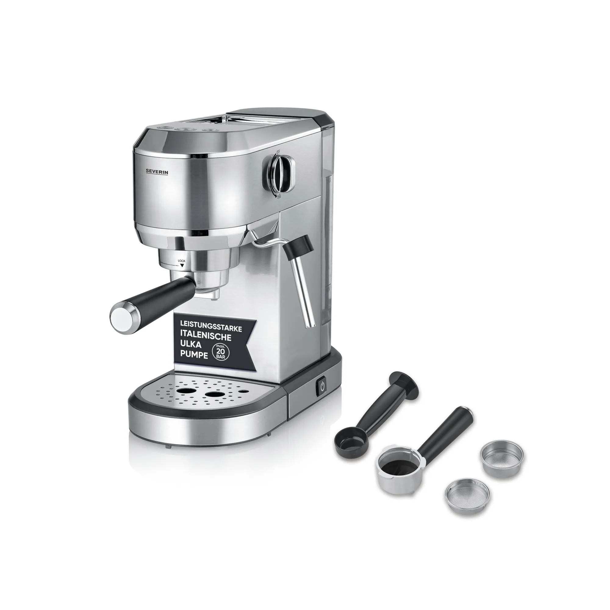 Severin KA 5997 Siebträgermaschine, italienische ULKA-Pumpe 20 Bar, Milchaufschäumdüse
