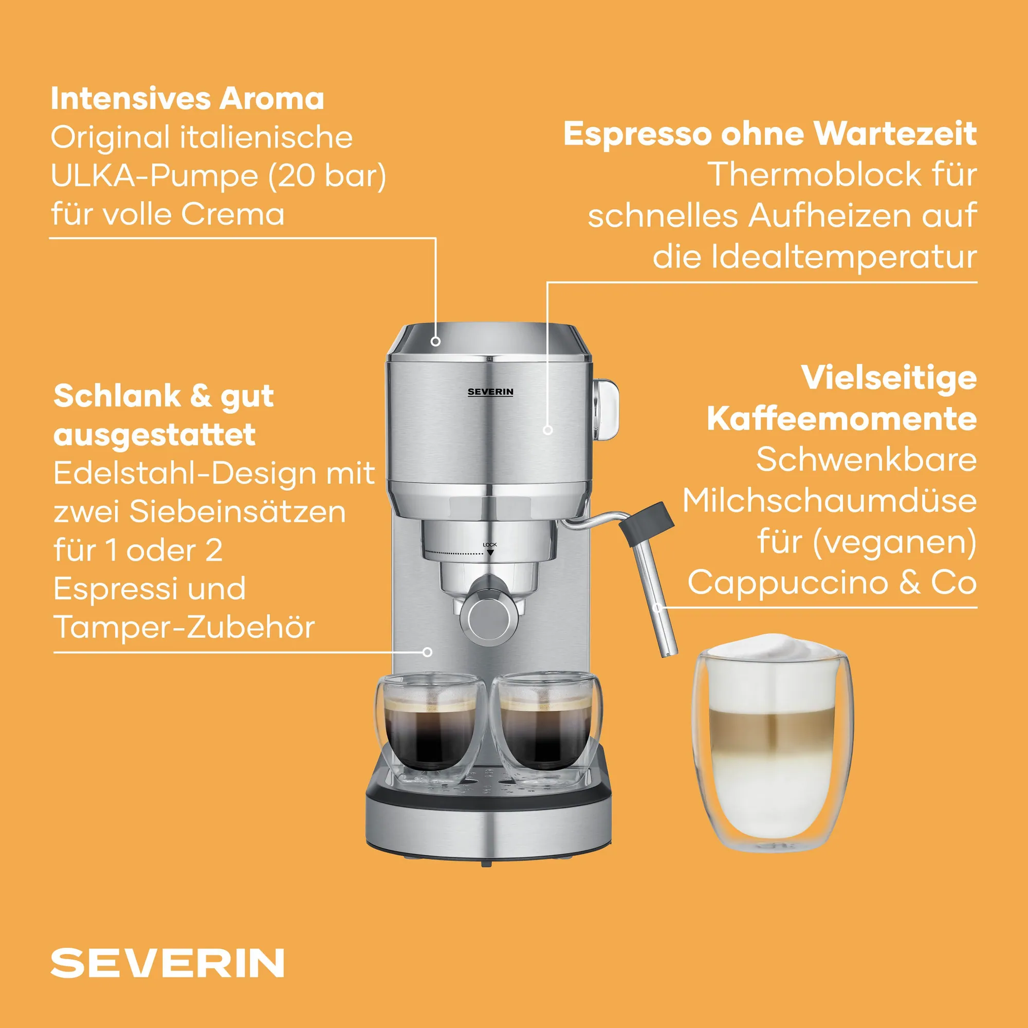 Severin KA 5997 Siebträgermaschine, italienische ULKA-Pumpe 20 Bar, Milchaufschäumdüse 2
